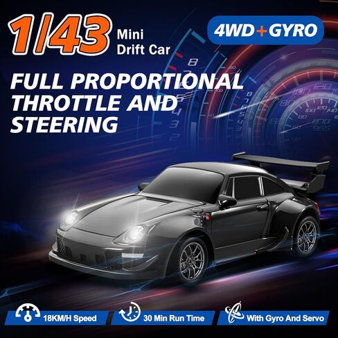 ACAMMZAR Mini RC Drift Car with Gyro, 1:43 4WD Full Proportional RC Cars, 18KM/H High Speed Remote Control Car with Lights, Extra Racing Tires, Vehicle for Adults Kids Boys, Black in Saudi Arabia