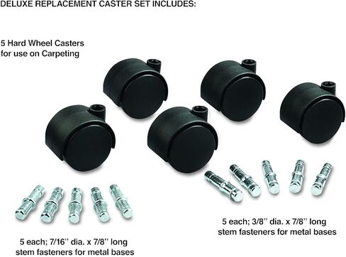 Deluxe Duet Hooded Carpet Casters, 7/16" Dia. x 7/8" Long and 3/8" Dia. x 7/8" Long Stems, 120 lbs./Caster, Matte Black Finish, 5/Set in Kuwait