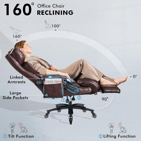Big and Tall Ergonomic Office Chair with Footrest, Heavy Duty Massage Executive Desk Chair with Lumbar Support, Adjustable Headrest, High Back Reclining Computer Chair 500lbs, Leather, Black in Saudi Arabia