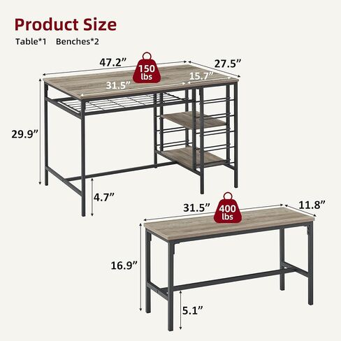 IDEALHOUSE Dining Table Set for 4, Kitchen Table Set for 4 with 2 Benches, Rectangular Dining Room Table Set with Wine Rack, 3 Piece Dining Table Set for Small Space Apartment, Grey in Kuwait