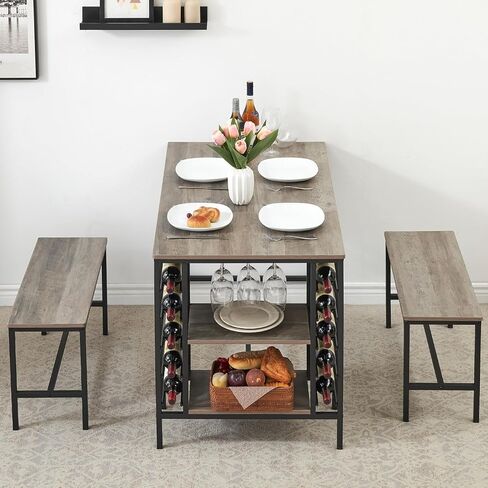 IDEALHOUSE Dining Table Set for 4, Kitchen Table Set for 4 with 2 Benches, Rectangular Dining Room Table Set with Wine Rack, 3 Piece Dining Table Set for Small Space Apartment, Grey in Kuwait