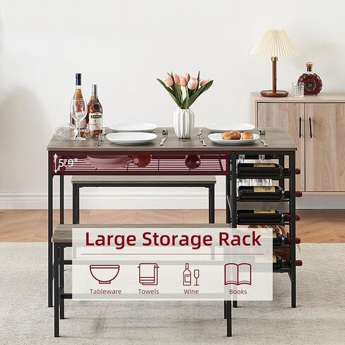IDEALHOUSE Dining Table Set for 4, Kitchen Table Set for 4 with 2 Benches, Rectangular Dining Room Table Set with Wine Rack, 3 Piece Dining Table Set for Small Space Apartment, Grey in Kuwait