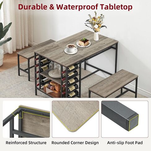 IDEALHOUSE Dining Table Set for 4, Kitchen Table Set for 4 with 2 Benches, Rectangular Dining Room Table Set with Wine Rack, 3 Piece Dining Table Set for Small Space Apartment, Grey in Kuwait