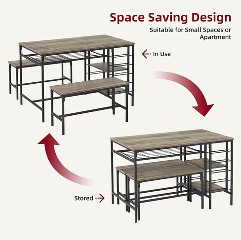 IDEALHOUSE Dining Table Set for 4, Kitchen Table Set for 4 with 2 Benches, Rectangular Dining Room Table Set with Wine Rack, 3 Piece Dining Table Set for Small Space Apartment, Grey in Kuwait