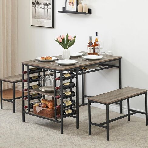 IDEALHOUSE Dining Table Set for 4, Kitchen Table Set for 4 with 2 Benches, Rectangular Dining Room Table Set with Wine Rack, 3 Piece Dining Table Set for Small Space Apartment, Grey in Kuwait