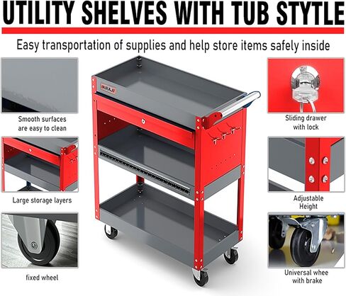 Heavy Duty Tool Cart on Wheels,440LBS Mechanic Tool Cart with Drawers,Utility Industrial Service Carts with Hooks,Drawers and Locking System,for Mechanic, Warehouse, Garage, Workshop in Saudi Arabia