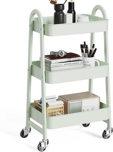 OLIXIS 3 Tier Utility Rolling Cart with Lockable Caster Wheels, Metal Mobile Storage Shelf, Organization for Livingroom, Bathroom, Kitchen, & Narrow Places, Light Green in Kuwait