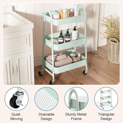 OLIXIS 3 Tier Utility Rolling Cart with Lockable Caster Wheels, Metal Mobile Storage Shelf, Organization for Livingroom, Bathroom, Kitchen, & Narrow Places, Light Green in Kuwait