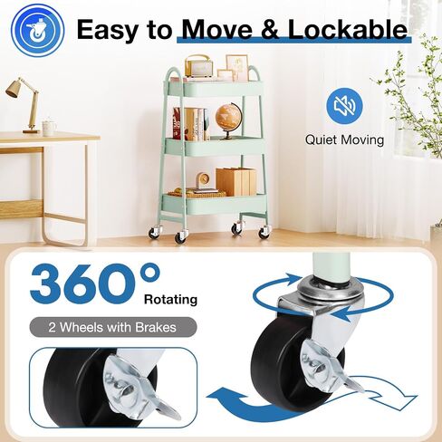 OLIXIS 3 Tier Utility Rolling Cart with Lockable Caster Wheels, Metal Mobile Storage Shelf, Organization for Livingroom, Bathroom, Kitchen, & Narrow Places, Light Green in Kuwait
