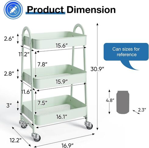OLIXIS 3 Tier Utility Rolling Cart with Lockable Caster Wheels, Metal Mobile Storage Shelf, Organization for Livingroom, Bathroom, Kitchen, & Narrow Places, Light Green in Kuwait