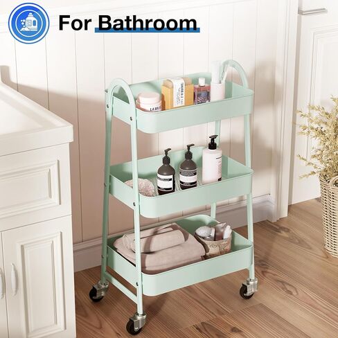 OLIXIS 3 Tier Utility Rolling Cart with Lockable Caster Wheels, Metal Mobile Storage Shelf, Organization for Livingroom, Bathroom, Kitchen, & Narrow Places, Light Green in Kuwait