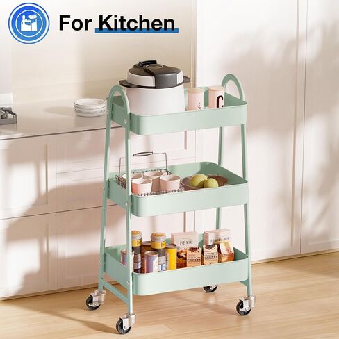 OLIXIS 3 Tier Utility Rolling Cart with Lockable Caster Wheels, Metal Mobile Storage Shelf, Organization for Livingroom, Bathroom, Kitchen, & Narrow Places, Light Green in Kuwait