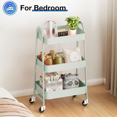 OLIXIS 3 Tier Utility Rolling Cart with Lockable Caster Wheels, Metal Mobile Storage Shelf, Organization for Livingroom, Bathroom, Kitchen, & Narrow Places, Light Green in Kuwait