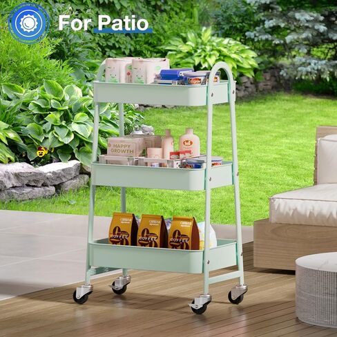 OLIXIS 3 Tier Utility Rolling Cart with Lockable Caster Wheels, Metal Mobile Storage Shelf, Organization for Livingroom, Bathroom, Kitchen, & Narrow Places, Light Green in Kuwait