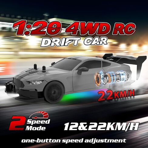 RC Drift Car 1/20 مقياس 2.4 جيجا هرتز 4WD سيارة التحكم عن بُعد مع مصابيح LED 22 كم/ساعة بطاريات عالية السرعة قابلة للشحن للسيارات الرياضية للسيارات in Kuwait