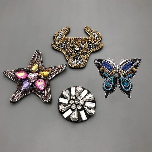 Sew Bull Head Aircraft Pentagram Round Bead Handmade Nail Bead Patches, Applique DIY Rhinestone Embroidery Applique for Dress Pants Hats Jeans Jackets Shoes Handbag Set of 4(type-11) in Saudi Arabia