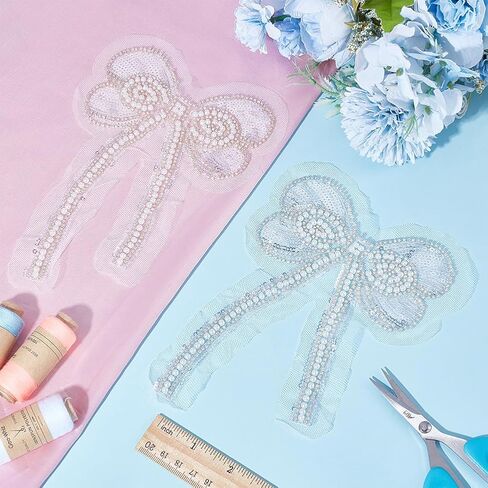 2 Pcs Bowknot Patches White Rhinestone Bow Patches Embroidered Patch Sew on Bowknot Beaded Appliques Sparkling Crystal Sewing Patches Decorative Stickers for DIY Clothing 7.8 * 5.5 in in Saudi Arabia