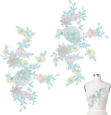 2Pcs Flower Beaded Patches 3D Flower Lace Appliques Sew on Patches 770x340x7mm for Wedding Gown Dress Clothes Collar Hat Jeans Craft Decoration Repairing DIY Sewing Accessory Supplies in Saudi Arabia