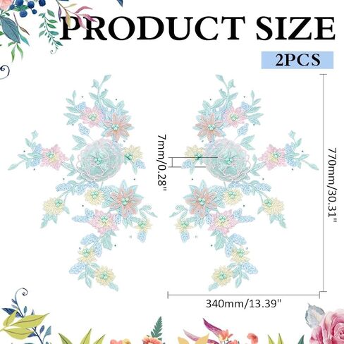 2Pcs Flower Beaded Patches 3D Flower Lace Appliques Sew on Patches 770x340x7mm for Wedding Gown Dress Clothes Collar Hat Jeans Craft Decoration Repairing DIY Sewing Accessory Supplies in Saudi Arabia