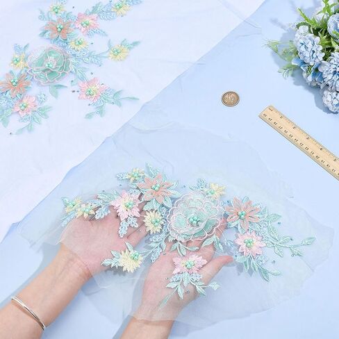2Pcs Flower Beaded Patches 3D Flower Lace Appliques Sew on Patches 770x340x7mm for Wedding Gown Dress Clothes Collar Hat Jeans Craft Decoration Repairing DIY Sewing Accessory Supplies in Saudi Arabia