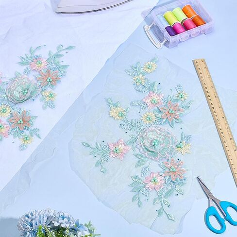 2Pcs Flower Beaded Patches 3D Flower Lace Appliques Sew on Patches 770x340x7mm for Wedding Gown Dress Clothes Collar Hat Jeans Craft Decoration Repairing DIY Sewing Accessory Supplies in Saudi Arabia