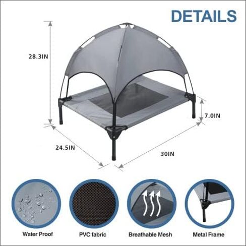 Small Elevated Dog Bed with Canopy - Upgraded 30IN Outdoor Raised Dog Cot Bed with Removable Shade Tent, Pet Cot Gray(S Size) in Saudi Arabia