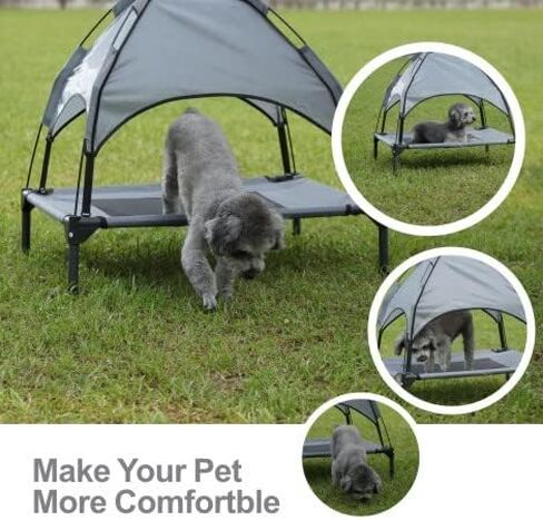Small Elevated Dog Bed with Canopy - Upgraded 30IN Outdoor Raised Dog Cot Bed with Removable Shade Tent, Pet Cot Gray(S Size) in Saudi Arabia