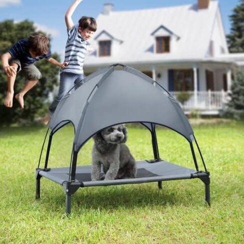 Small Elevated Dog Bed with Canopy - Upgraded 30IN Outdoor Raised Dog Cot Bed with Removable Shade Tent, Pet Cot Gray(S Size) in Saudi Arabia