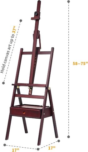 Meeden Studio H -Frame Easel مع درج التخزين - قابل للتعديل (60 "~ 75") الأم إلى الأمام يميل إلى الأمام من خشب الخشب الصلب للفنانين والطلاب والمبتدئين ، يحمل فن القماش حتى 36 "، Deep Walnut in Saudi Arabia