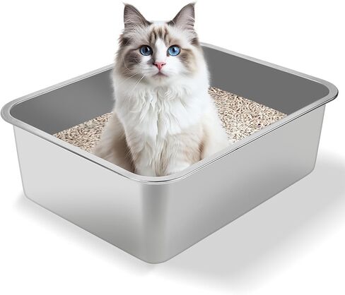Stainless Steel Cat Litter Box - Metal High Sided Cat Pan, Large Stainless Steel Box, Indoor Litter Tray, Non Stick, No Smell, Easy-Clean Design for Hygienic Pet Care – Large Size for All Cats in Saudi Arabia