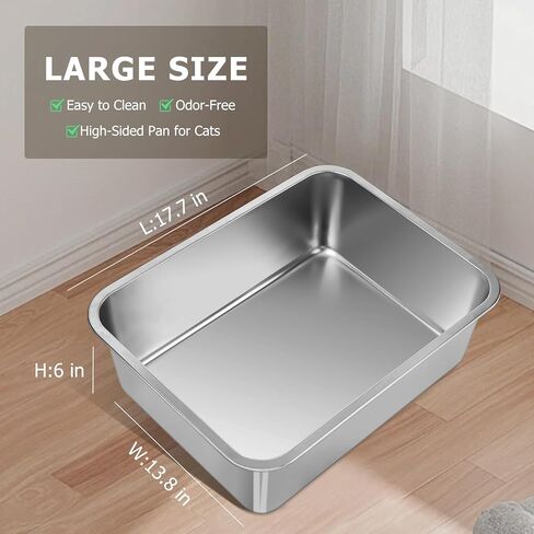 Stainless Steel Cat Litter Box - Metal High Sided Cat Pan, Large Stainless Steel Box, Indoor Litter Tray, Non Stick, No Smell, Easy-Clean Design for Hygienic Pet Care – Large Size for All Cats in Saudi Arabia