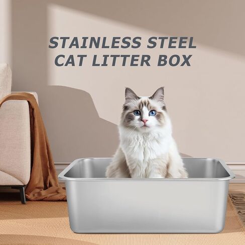 Stainless Steel Cat Litter Box - Metal High Sided Cat Pan, Large Stainless Steel Box, Indoor Litter Tray, Non Stick, No Smell, Easy-Clean Design for Hygienic Pet Care – Large Size for All Cats in Saudi Arabia