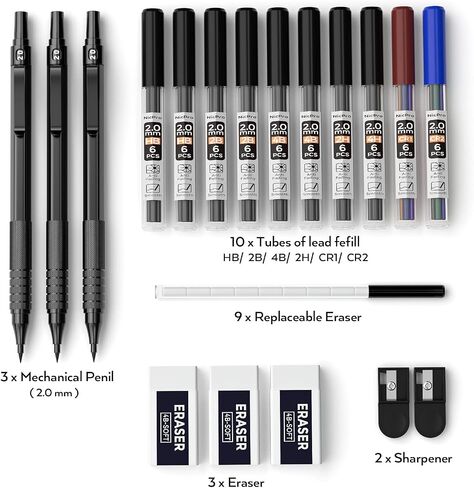 Nicpro Black Metal 2.0 Pencil Mechanical Pencil مع CASE ، حامل صياغة 3 PCS مع تعبئة الرصاص الجرافيت 2 مم (HB 2H 4H 2B 4B) والألوان ، شحذات ، محو لكتابة الفنانين ، الرسم ، رسم ، رسم in Saudi Arabia