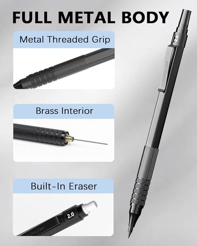 Nicpro Black Metal 2.0 Pencil Mechanical Pencil مع CASE ، حامل صياغة 3 PCS مع تعبئة الرصاص الجرافيت 2 مم (HB 2H 4H 2B 4B) والألوان ، شحذات ، محو لكتابة الفنانين ، الرسم ، رسم ، رسم in Saudi Arabia