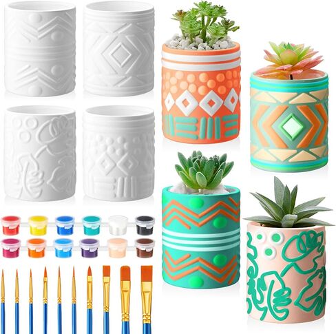 Set of 11 Paint Your Own Kit DIY Flower Pot Painting Includes 8 Pcs Unpainted Ceramic Succulent Planters 2 Pcs Color Paints 1 Set Paint Brushes for Classroom Craft Activity (Bohemian) in Saudi Arabia
