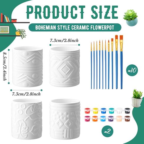 Set of 11 Paint Your Own Kit DIY Flower Pot Painting Includes 8 Pcs Unpainted Ceramic Succulent Planters 2 Pcs Color Paints 1 Set Paint Brushes for Classroom Craft Activity (Bohemian) in Saudi Arabia