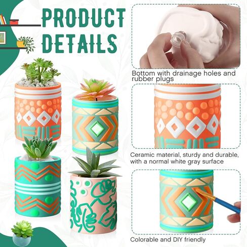 Set of 11 Paint Your Own Kit DIY Flower Pot Painting Includes 8 Pcs Unpainted Ceramic Succulent Planters 2 Pcs Color Paints 1 Set Paint Brushes for Classroom Craft Activity (Bohemian) in Saudi Arabia