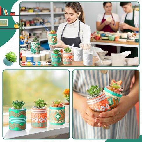 Set of 11 Paint Your Own Kit DIY Flower Pot Painting Includes 8 Pcs Unpainted Ceramic Succulent Planters 2 Pcs Color Paints 1 Set Paint Brushes for Classroom Craft Activity (Bohemian) in Saudi Arabia