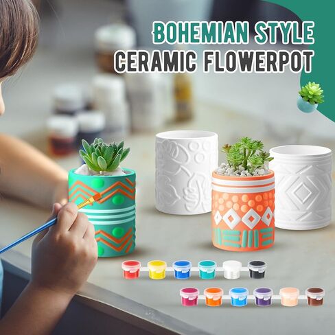 Set of 11 Paint Your Own Kit DIY Flower Pot Painting Includes 8 Pcs Unpainted Ceramic Succulent Planters 2 Pcs Color Paints 1 Set Paint Brushes for Classroom Craft Activity (Bohemian) in Saudi Arabia