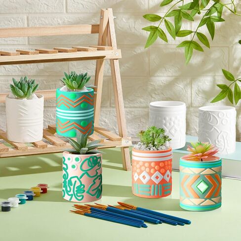 Set of 11 Paint Your Own Kit DIY Flower Pot Painting Includes 8 Pcs Unpainted Ceramic Succulent Planters 2 Pcs Color Paints 1 Set Paint Brushes for Classroom Craft Activity (Bohemian) in Saudi Arabia