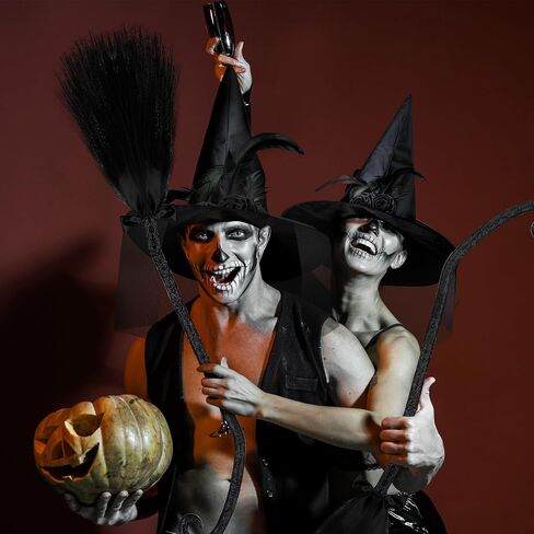 Hercicy 2 Pack Halloween Witch Broom Hat Set Halloween Witch Broom Cosplay Black Tulle Witch Hat and Broom with Bow Costume Witch Broom Costume Accessories Props for Halloween Costume Party Supplies in Saudi Arabia