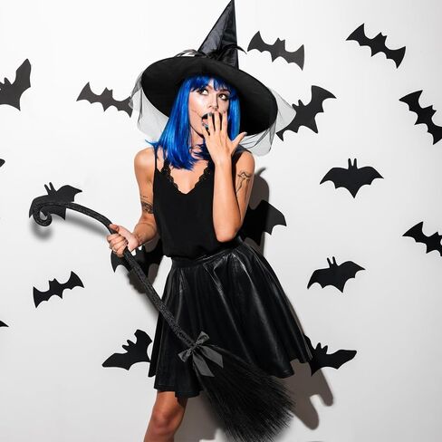 Hercicy 2 Pack Halloween Witch Broom Hat Set Halloween Witch Broom Cosplay Black Tulle Witch Hat and Broom with Bow Costume Witch Broom Costume Accessories Props for Halloween Costume Party Supplies in Saudi Arabia