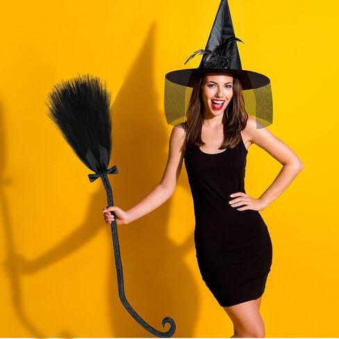 Hercicy 2 Pack Halloween Witch Broom Hat Set Halloween Witch Broom Cosplay Black Tulle Witch Hat and Broom with Bow Costume Witch Broom Costume Accessories Props for Halloween Costume Party Supplies in Saudi Arabia