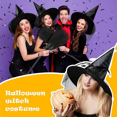 Hercicy 2 Pack Halloween Witch Broom Hat Set Halloween Witch Broom Cosplay Black Tulle Witch Hat and Broom with Bow Costume Witch Broom Costume Accessories Props for Halloween Costume Party Supplies in Saudi Arabia