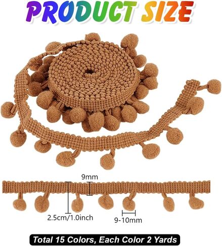 PH PandaHall 30 Yards 15 Colors Pom Poms Balls Fringe Trim, 0.35" Trim Fringe Sewing Ribbon Crafts Pompoms Tassel Lace for Sewing Pillow Clothing DIY Crafts Party Home Decoration, 10mm Balls in Saudi Arabia