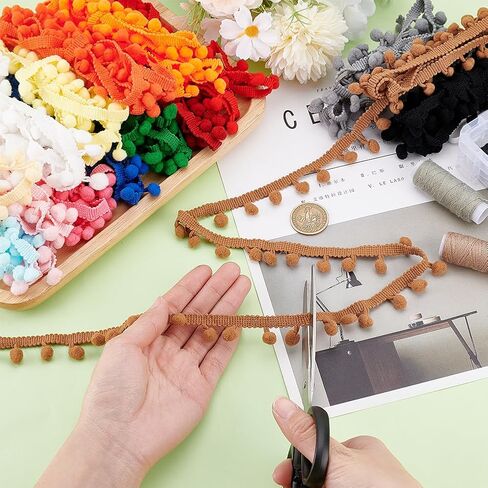 PH PandaHall 30 Yards 15 Colors Pom Poms Balls Fringe Trim, 0.35" Trim Fringe Sewing Ribbon Crafts Pompoms Tassel Lace for Sewing Pillow Clothing DIY Crafts Party Home Decoration, 10mm Balls in Saudi Arabia