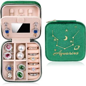 Velvet Travel Jewelry Box, Small Portable Jewelry Case with Earring, Necklace Organizer Holder with Mirror, Essential Travelling Accessories for Women Teenage Girls Birthday Gifts (Aquarius)