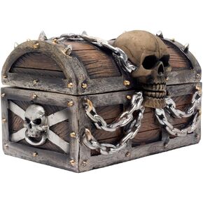 Evil Skull on Treasure Chest Trinket Box Statue with Hidden Storage Compartment for Decorative Gothic Décor or Spooky Halloween Decorations As Jewelry Boxes or Fantasy Office Gifts