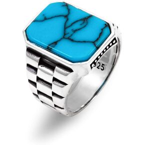 Men's Watch Strap Design Sterling Silver Ring with Rectangle shape Stabilized Turquoise Stone