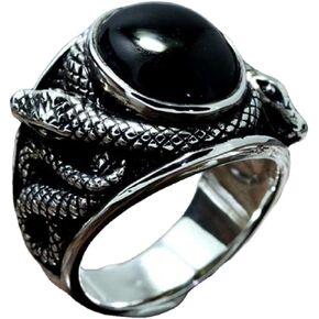 Snake Ring, Reptile Serpent Ring for Men, Norse Viking Snake Ring Snake Jewelry, Celtic Snake Ring Black Gem Snake Band Ring Punk Cobra Snake Animal Ring for Boys